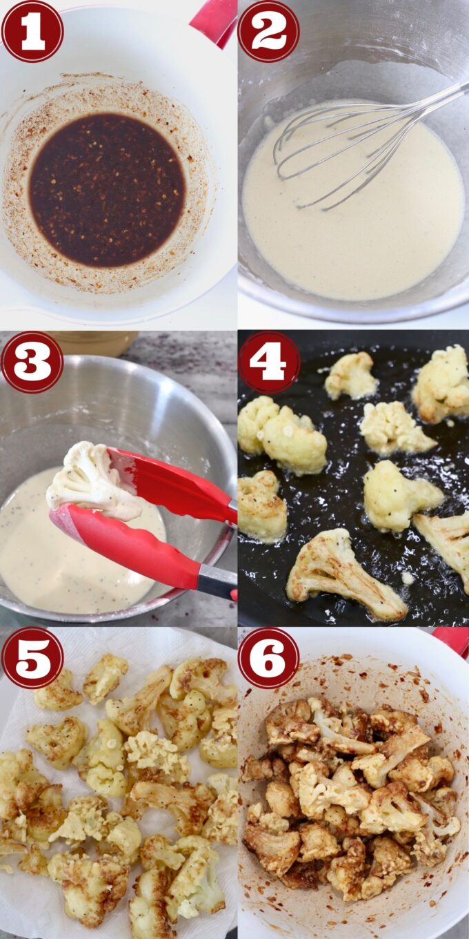 collage of images showing how to make general tso's cauliflower