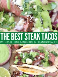 steak tacos on plate with green sauce and lime