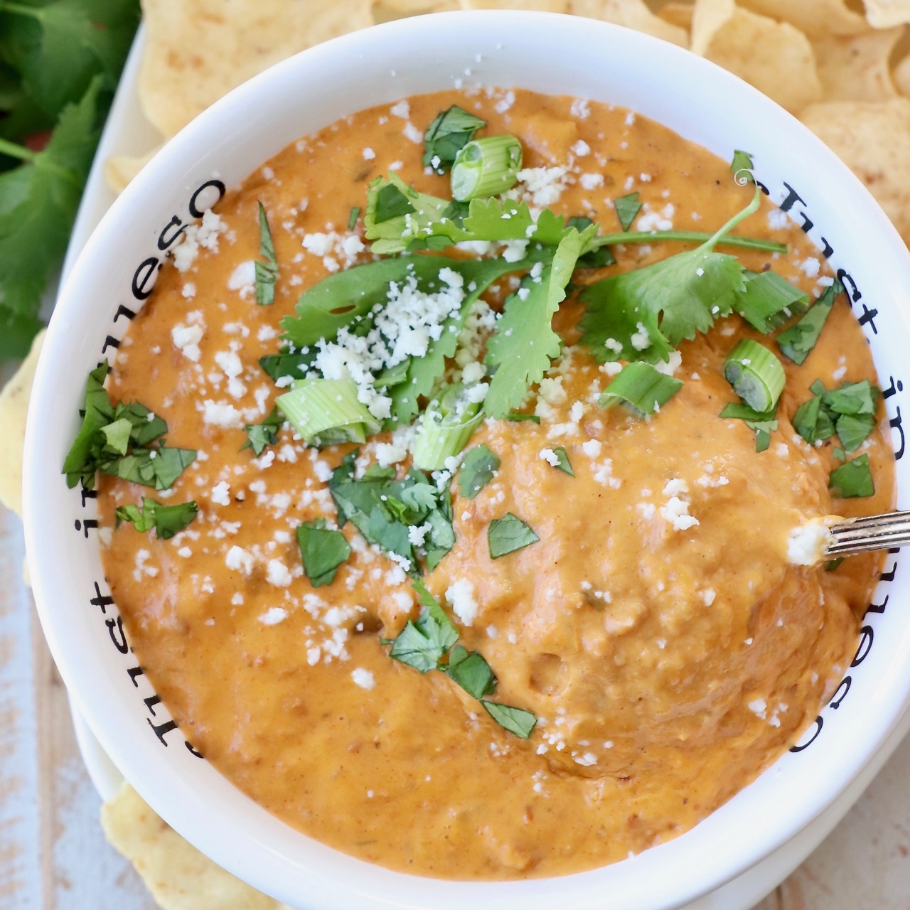 chorizo queso dip in bowl topped with fresh chopped cilantro
