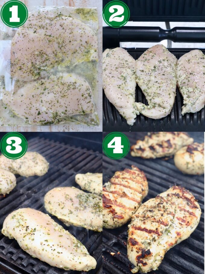 collage of images showing how to make marinated grilled Greek chicken