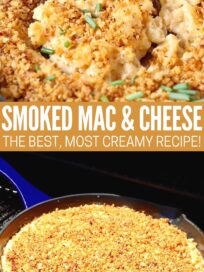 mac and cheese in serving spoon and in skillet on smoker