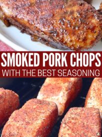 smoked pork chops on plate and on smoker grill grates