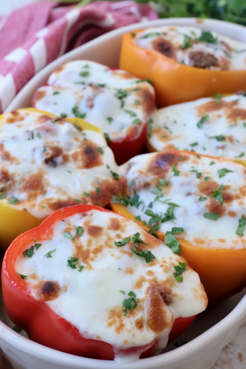 stuffed peppers in baking dish