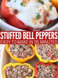 stuffed peppers in casserole dish and baked with melted cheese on top