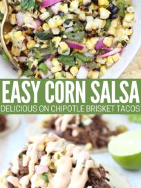 corn salsa in bowl and on top of shredded brisket tacos