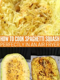 spaghetti squash half in air fryer basket and cooked on plate with fork