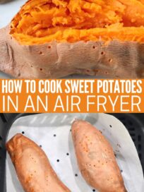 cooked sweet potato cut open on plate and whole cooked sweet potatoes in air fryer basket