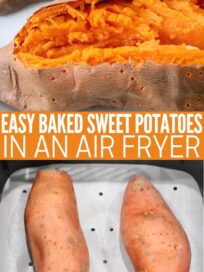 cooked sweet potato cut open on plate and uncooked sweet potatoes in air fryer basket