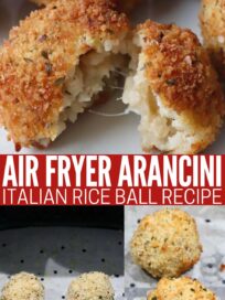 cooked arancini on plate, next to image of uncooked arancini in air fryer basket