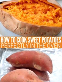 cooked sweet potato cut open on plate and uncooked sweet potatoes on foil lined baking sheet