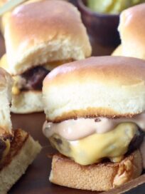 cheeseburger sliders on serving tray