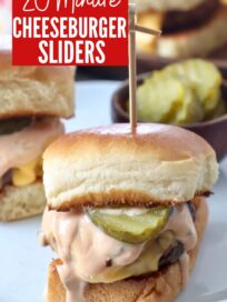 cheeseburger sliders on plate with pickles