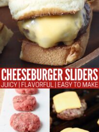 cooked cheeseburger slider on bun, cheeseburger patty on grill and raw hamburger patties on cutting board