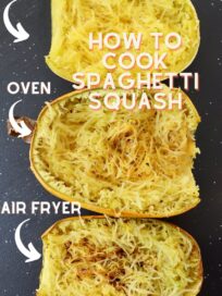 three halves of cooked spaghetti squash on cutting board with text overlay