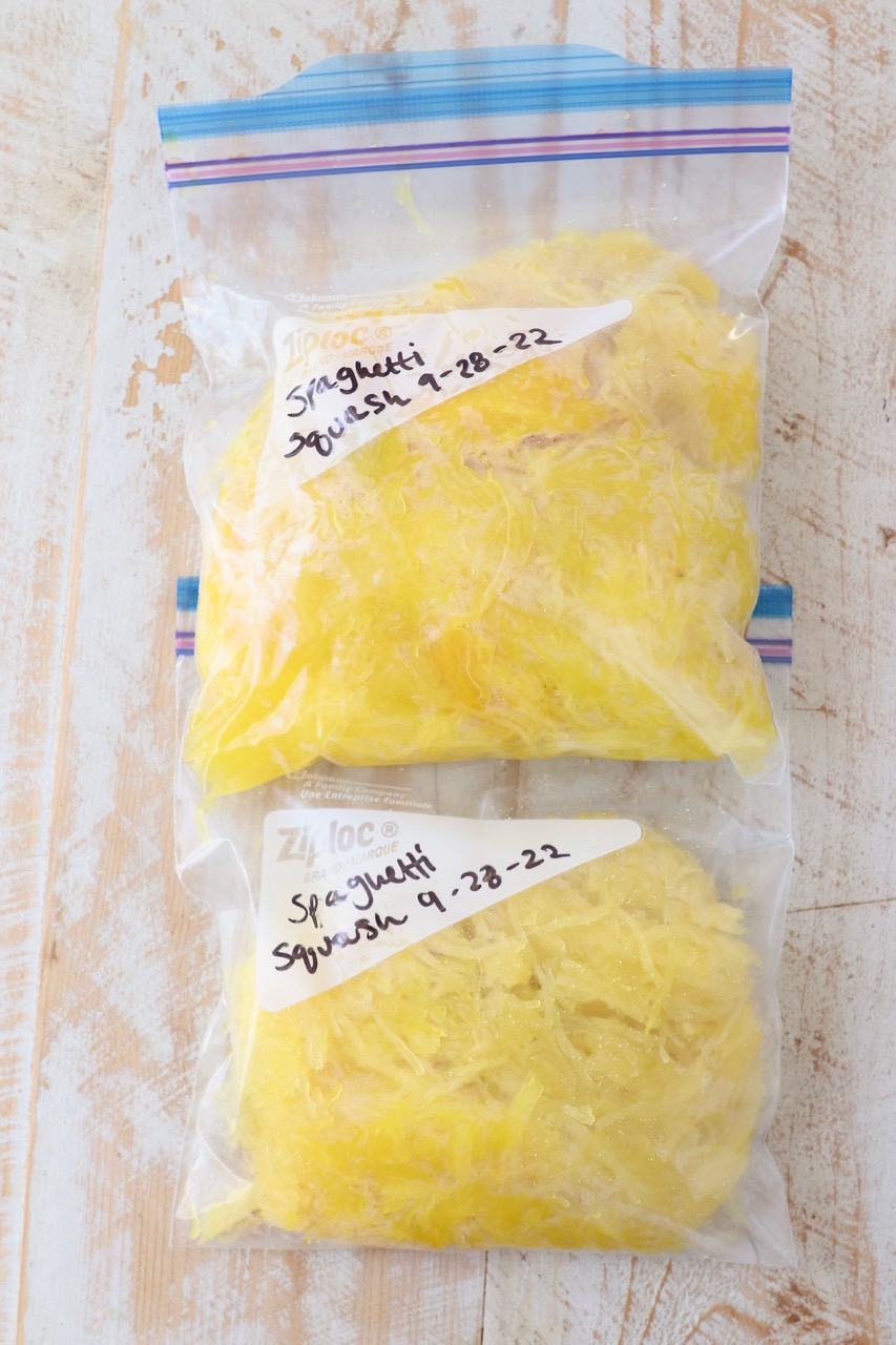 cooked spaghetti squash strands in freezer plastic bags