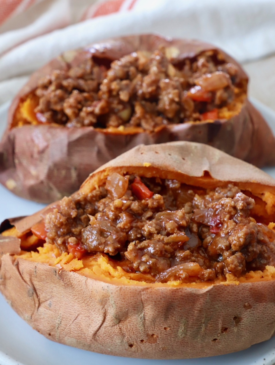 baked sweet potatoes stuffed with sloppy joe filling