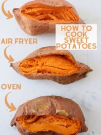 three baked sweet potatoes on a cutting board sliced open