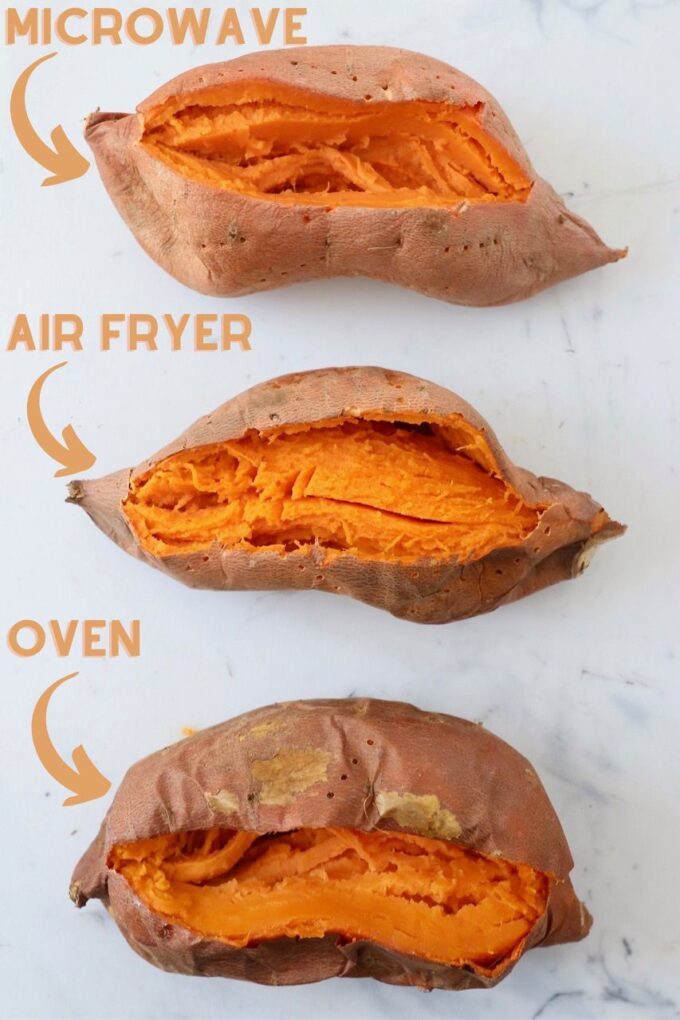 sweet potatoes on cutting board with text overlay on image
