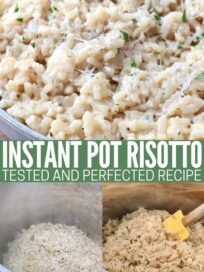 risotto cooking in Instant Pot and cooked in bowl with parmesan cheese