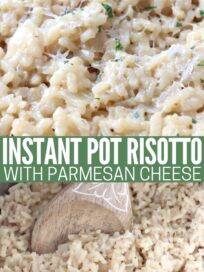 cooked risotto in Instant Pot with serving spoon and in bowl with parmesan cheese