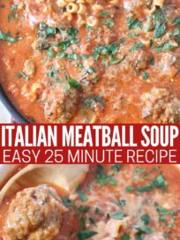 meatball soup in saucepan with serving spoon and in bowl with spoon