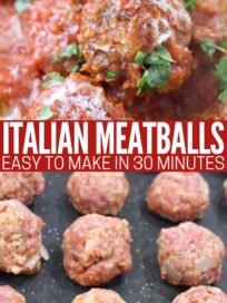 cooked meatball on fork and raw meatballs on cutting board