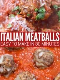 cooked meatball on fork and in skillet with marinara sauce