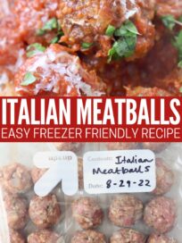 cooked meatball in sauce on fork and uncooked meatballs in freezer zipper bag