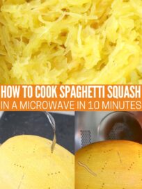 whole spaghetti squash on cutting board and in microwave, cooked spaghetti squash with a fork in it