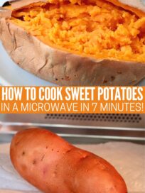 cooked sweet potato cut open on plate and whole uncooked sweet potato on paper towel in microwave
