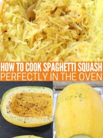 spaghetti squash half cooked on plate with fork and on cutting board and on wire rack over baking sheet