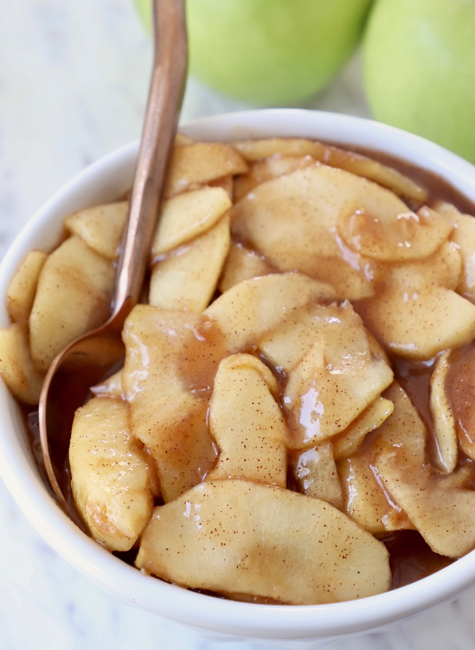apple pie filling in bowl with spoon