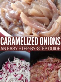collage of images showing onions in skillet as they caramelize