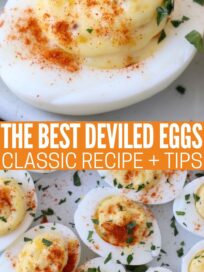 deviled eggs on plate topped with ground paprika fresh chopped parsley