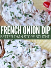 french onion dip in bowl with spoon and potato chip dipping into the bowl of dip