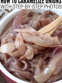 caramelized onions in bowl with wooden fork