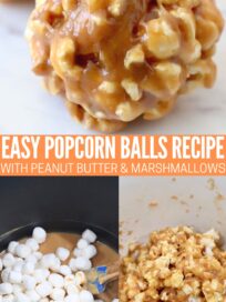 collage of images showing how to make peanut butter popcorn balls
