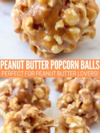 peanut butter popcorn balls on white serving tray