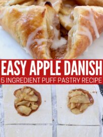 puff pastry dough topped with apple pie filling on cutting board and cooked apple danish drizzled with icing on serving tray