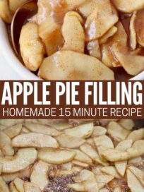 apple pie filling simmering in skillet on stove and cooked in bowl with spoon
