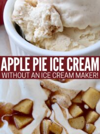 apple pie ice cream before freezing in container and frozen scooped into white bowl with spoon