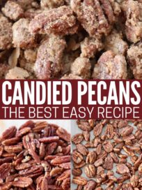 collage of images showing how to make candied pecans