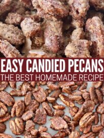 candied pecans on baking sheet and in bowl