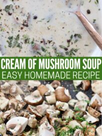 diced mushrooms in skillet with herbs and creamy mushroom soup in bowl with spoon