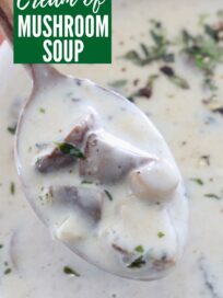 cream of mushroom soup in spoon in bowl