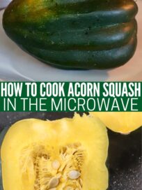 acorn squash in microwave on plate and cut in half on cutting board