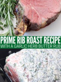 slice of cooked prime rib on plate and uncooked herb butter rubbed whole prime rib in roasting pan