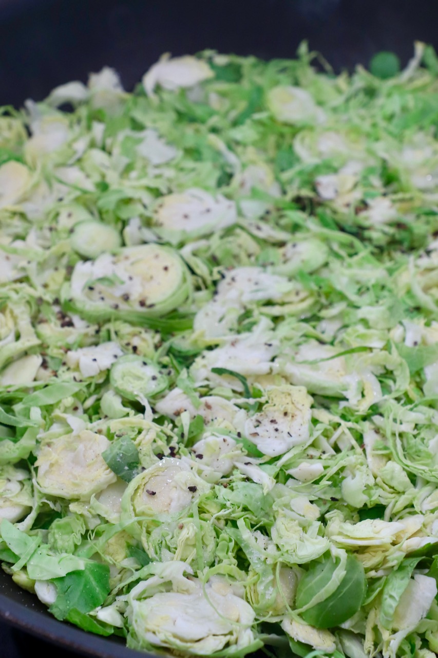 shredded brussels sprouts in skillet