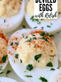 prepared deviled eggs with relish on white plate