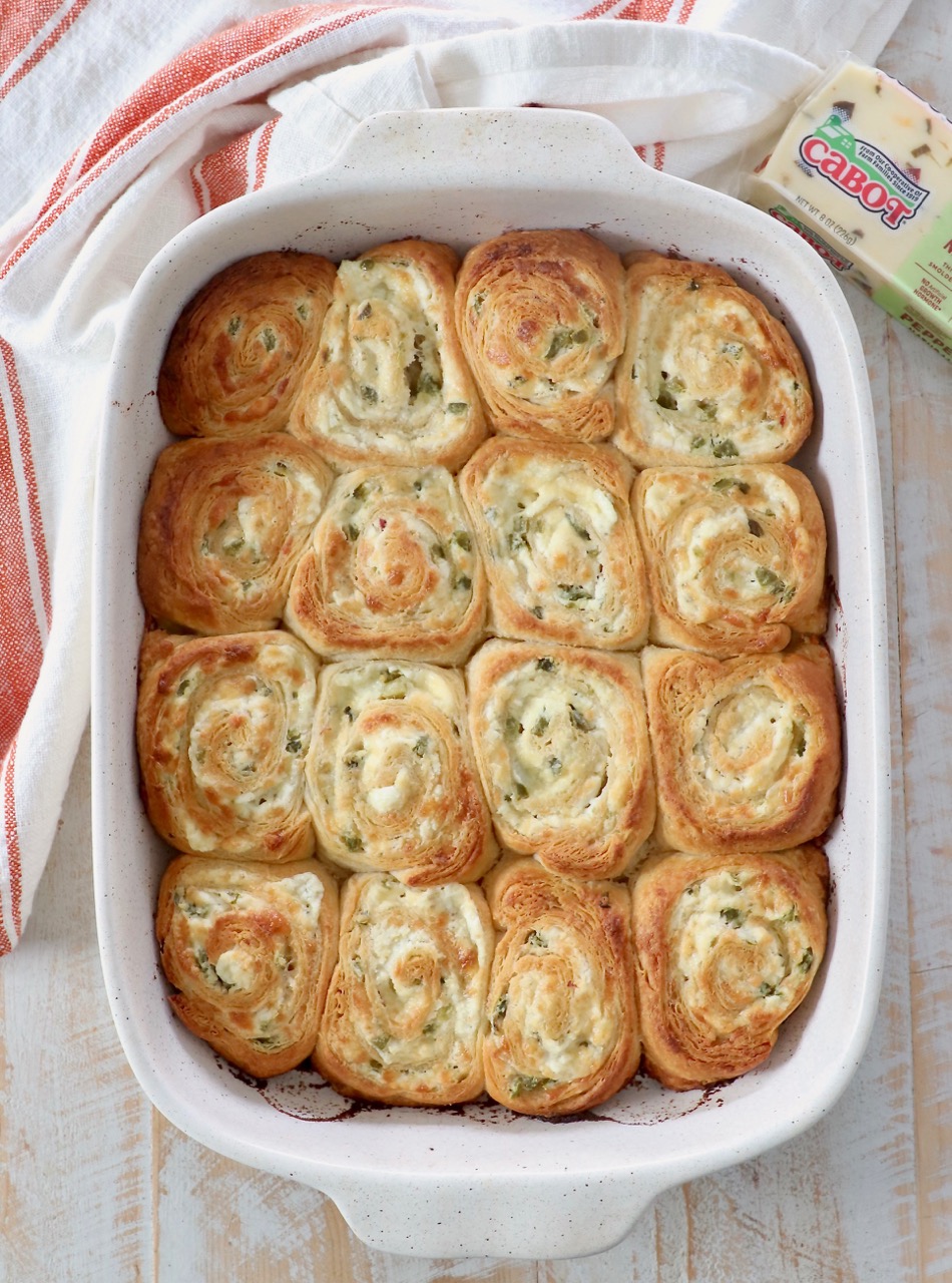 baked cheesy crescent rolls in casserole dish
